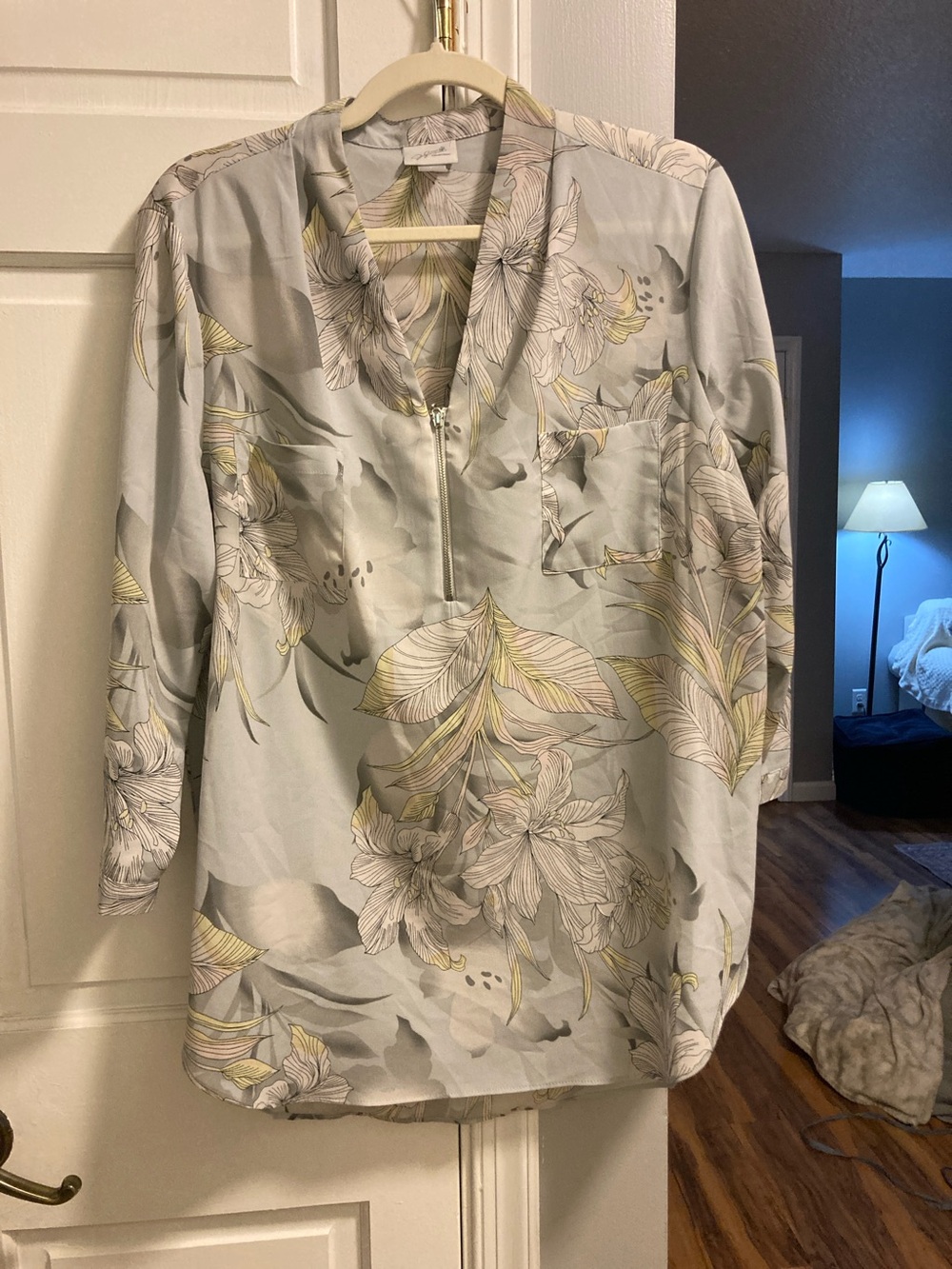 Jaclyn Smith Light Blue Floral Zip-Neck Blouse